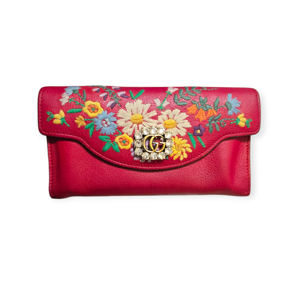 Gucci GG Embroidered Floral Crystal Continental Red Leather Trifold Wallet‎